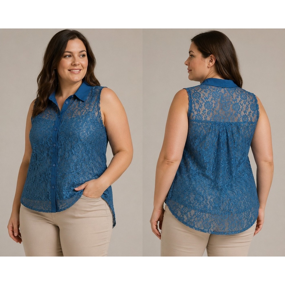 Decree Blue Floral Lace Sleeveless Button Front Collared Blouse Top Womens L...
